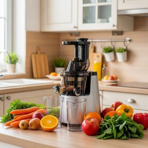 Kaip išlaikyti lėtaeigę sulčiaspaudę ilgaamžę ir efektyvią Švari ir prižiūrėta lėtaeigė sulčiaspaudė ant virtuvės stalo su vaisiais ir daržovėmis aplink.