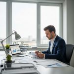 Specialistas dirba su dokumentais biure, simbolizuojantis viešosios įstaigos veiklą ir finansinį planavimą.