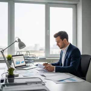 Ar viešoji įstaiga gali būti pelninga? Specialistas dirba su dokumentais biure, simbolizuojantis viešosios įstaigos veiklą ir finansinį planavimą.