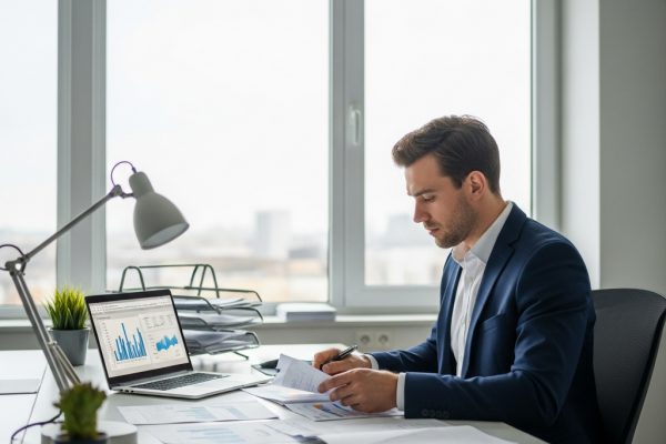Ar viešoji įstaiga gali būti pelninga? Specialistas dirba su dokumentais biure, simbolizuojantis viešosios įstaigos veiklą ir finansinį planavimą.