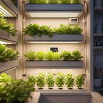 Vertikalus daržas su žalumynais mažoje patalpoje su LED apšvietimu