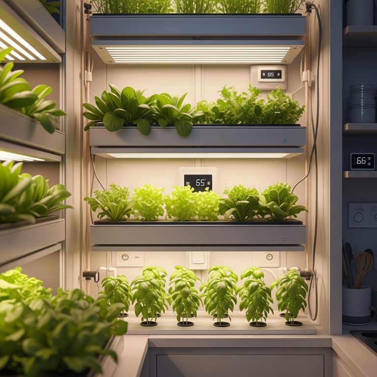 Vertikalus daržas su žalumynais mažoje patalpoje su LED apšvietimu