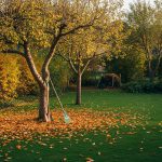 Rudeninis sodas su nukritusiais lapais ir prižiūrimais augalais