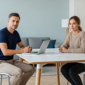 Skyrybos internetu: išmanus kelias į naują pradžią Pora sėdi prie stalo, peržiūri dokumentus ir ramiai diskutuoja apie skyrybų internetu galimybę