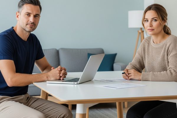 Skyrybos internetu: išmanus kelias į naują pradžią Pora sėdi prie stalo, peržiūri dokumentus ir ramiai diskutuoja apie skyrybų internetu galimybę