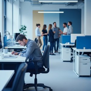 Tyla kenkia: kaip atpažinti ir sustabdyti mobingą darbe Stresą patiriantis darbuotojas sėdi vienas darbo vietoje, kol kolegos kalbasi fone.