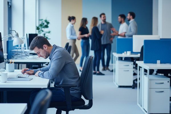 Tyla kenkia: kaip atpažinti ir sustabdyti mobingą darbe Stresą patiriantis darbuotojas sėdi vienas darbo vietoje, kol kolegos kalbasi fone.