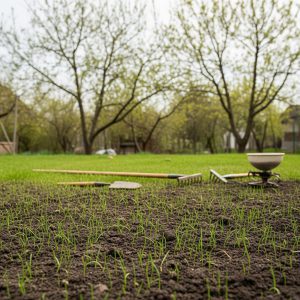 Žaliosios oazės kūrimas: kaip išsirinkti vejos sėklas, pritaikytas jūsų aplinkai Ką tik pasėta veja su daržo įrankiais ir žaliuojančia aplinka sode