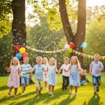 Vaikai džiaugsmingai žaidžia tarp spalvingų muilo burbulų šventės metu lauke