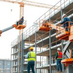 Statybinė technika aukštyje dirbantiems darbininkams statybų aikštelėje