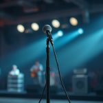 Mikrofono stovas profesionaliam renginiui ant apšviestos scenos