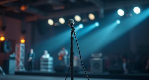 Nesudėtingas sprendimas, kuris išgelbės jūsų renginį nuo fiasko Mikrofono stovas profesionaliam renginiui ant apšviestos scenos