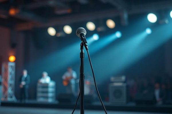Mikrofono stovas profesionaliam renginiui ant apšviestos scenos